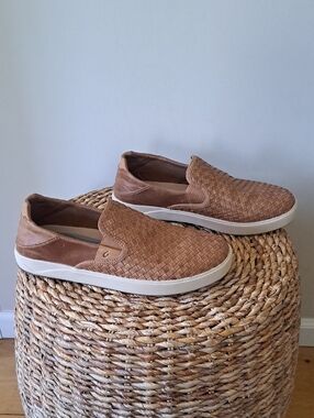 OluKai Mens Lae’Ahi Lauhala Casual/Athleisure Brown Woven Leather Loafers 9.5